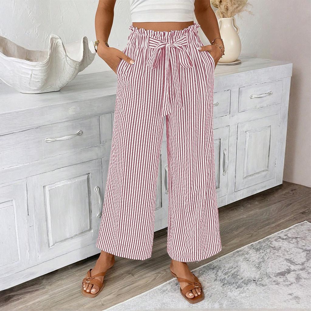 Women's Fashionable Striped Strap Pocket Elastic Waist Straight Leg Casual Pants