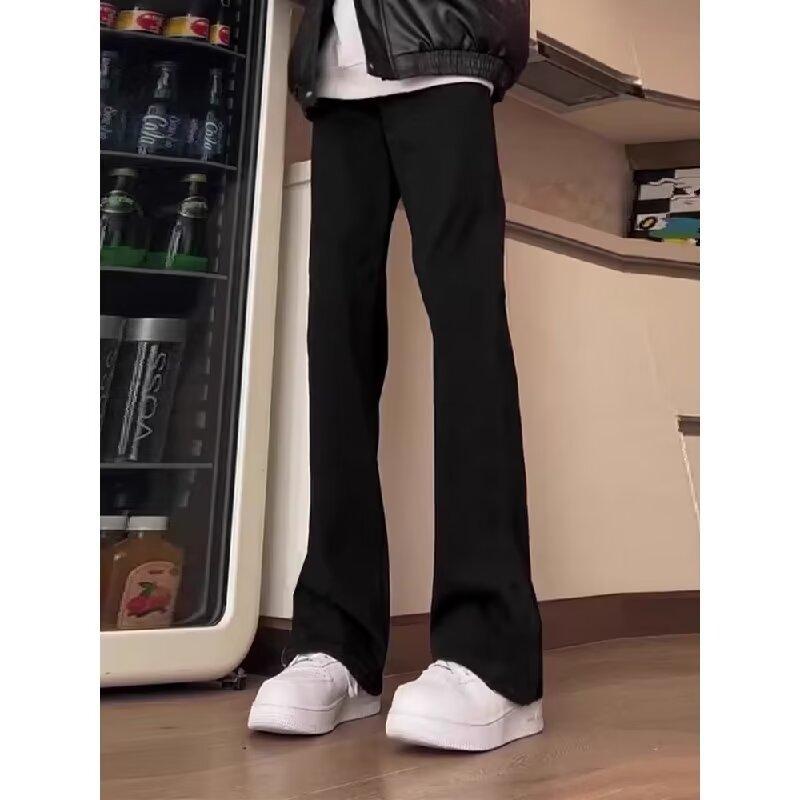 

Мужские приталенные микроэластичные черные брюки для платья - Вайб американского хай-стрита, слегка расклешенные прямые брюки, идеально подходят для OOTD. Medium чёрный