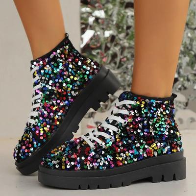 Fashion 2024 Plus Size Ladies Shoes Ankle Women's Boots Platform Modern Boots Women Bling Round Toe Cross-tied Chunky Heels Shoes Women