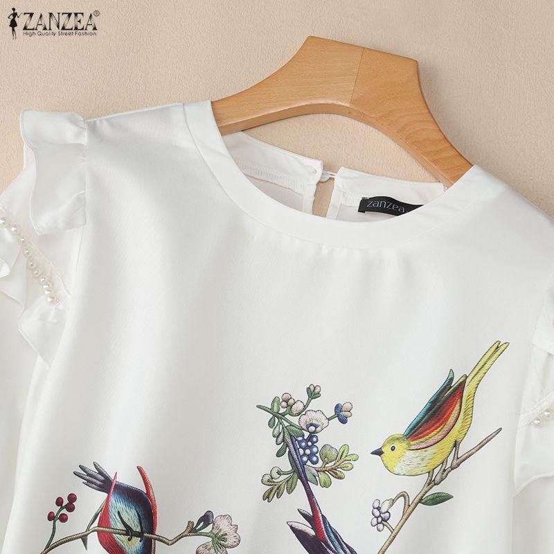 ZANZEA Women Casual Round Neck Loose Print 3/4 Sleeve Blouse