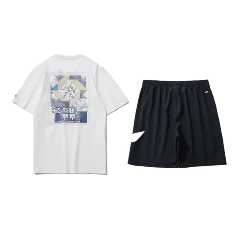 Li Ning Theme Floral Print Fashion Versatile Comfortable Round Neck Pullover Short Sleeve T-Shirt Casual Sports Set Unisex Tops AHSU971-2+YKSV197-2