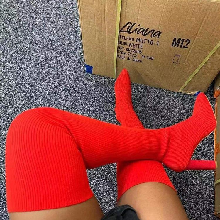Women's Knit Pointed-Toe Chunky Heel Over-the-Knee Elastic Wool Boots