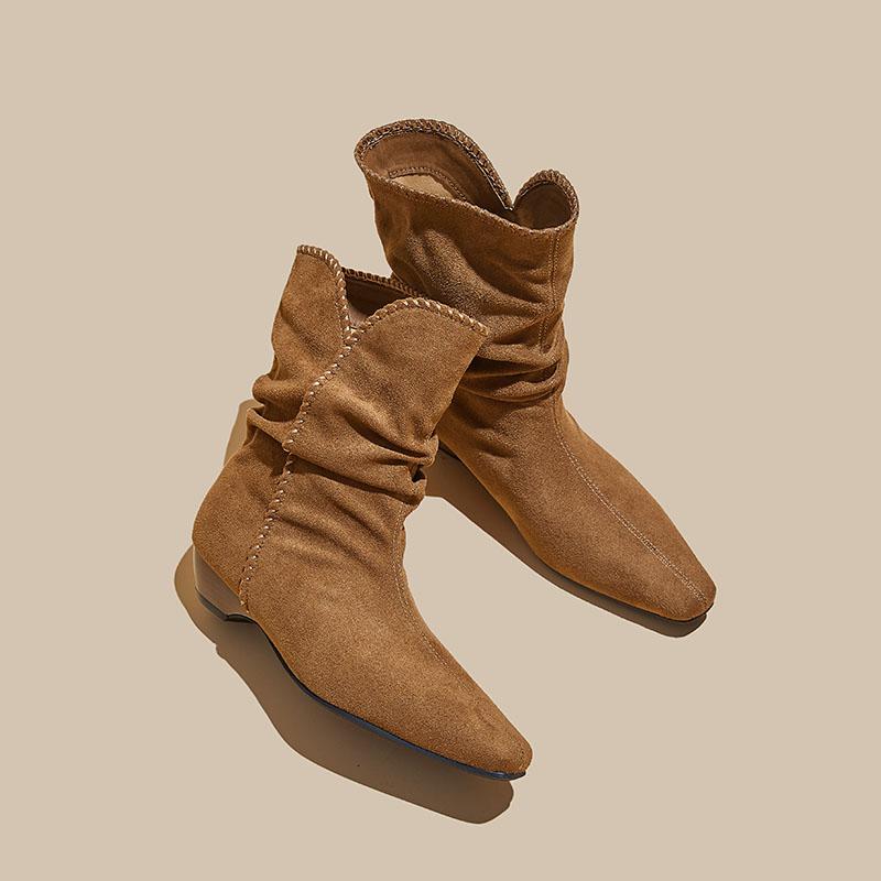 Mode AIYUQI 2025 Neue Damen Western Cowboy Stiefel Spitz, Plissierter Blockabsatz Damenstiefel Große Größe Vintage Stiefeletten weiblich