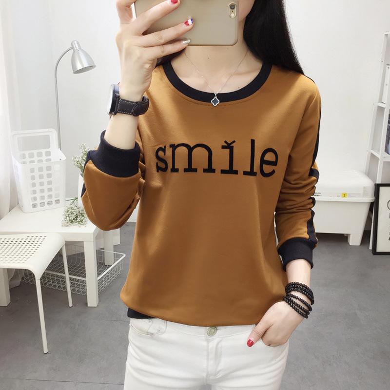 Spring Autumn Lady Loose Appear Thin Long Sleeved Thin Style Korean Round Neck Patchwork Contrasting Colors Insert All-match Tops