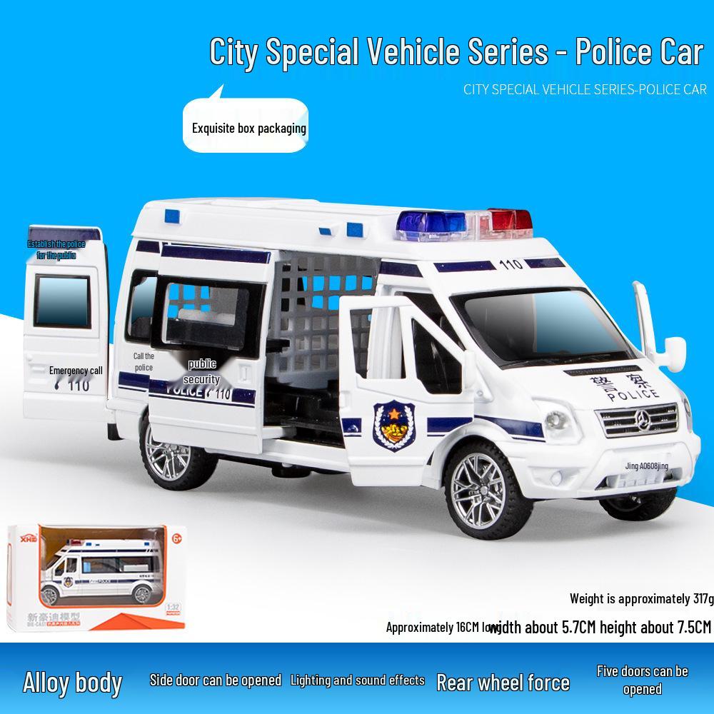 1:32 Pull-Back Alloy Police Car Toy with Lights & Sound – Six-Opening Doors for Kids