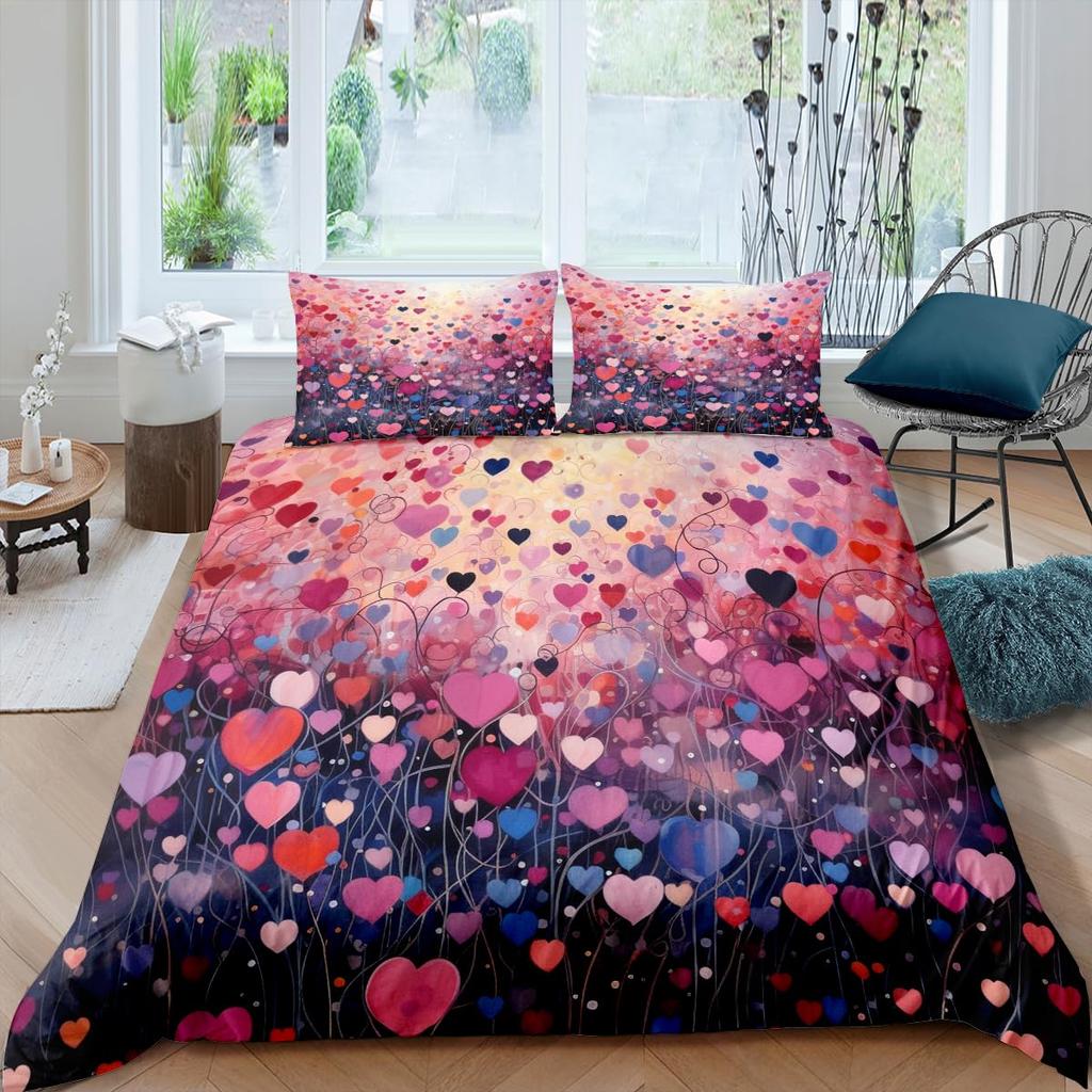 Colorful Love Heart Comforter Cover Queen Pink Black Bedding Set Romantic Duvet Cover Valentine's Day Quilt Cover with Zipper