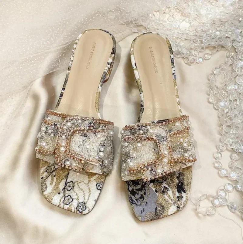 Modische Plateauschuhe mit klobigem Absatz für Damen, Strass-Slipper, Damenschuhe, Komfort, Sommer, Peep-Toe, Damenschuhe Mujer