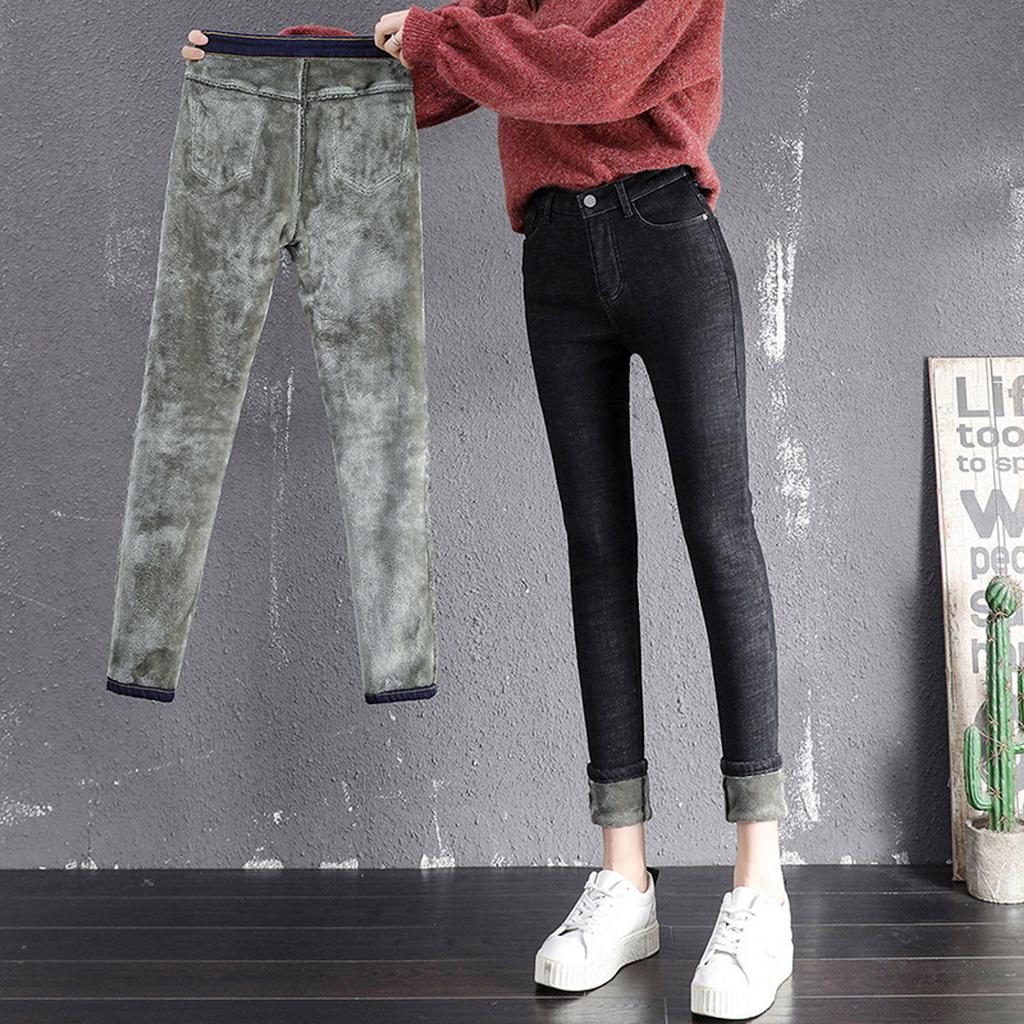 Fashion Women Plus Size Plus Velvet Elastic High Waist Casual Jeans Pencil Pants