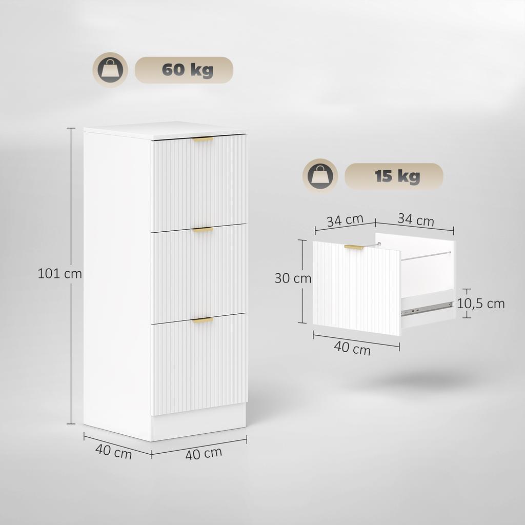 Desk Drawer Unit with 3 Drawers Fluted Fronts Filing Cabinet for A4 or Letter Size 40x40x101 cm White