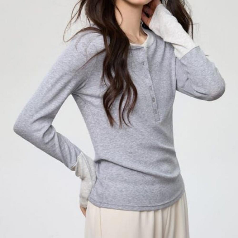 Navava Women Color Block PoinT Henry Neck Long Sleeve T shirT nT2999