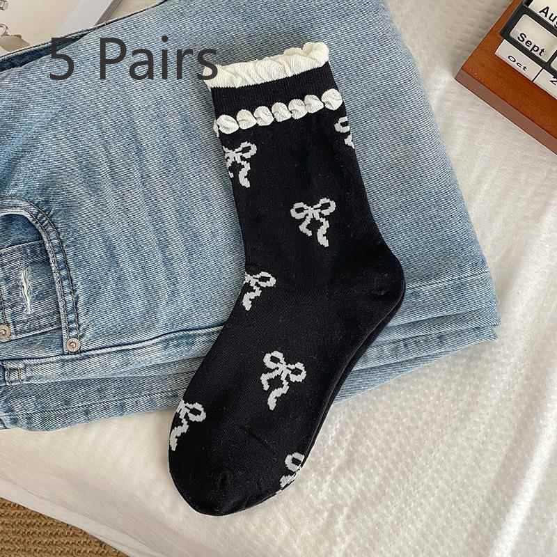 5 Pairs of Female Spring and Summer New Sweet Fashion Ballet Wind Bow In Tube Socks