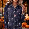 Women's Casual Long Sleeve Knit Top with Halloween Print and Lapel Collar