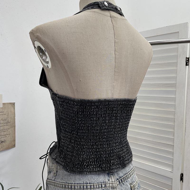 Denim Halter Crop Top: Punk Lace-up Sleeveless Slim Fit