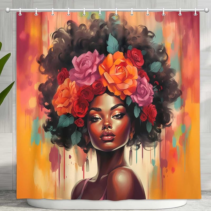 Black Girl Shower Curtain, Retro African American Colorful Floral Red Rose Black Woman Bathroom Decor, Oil Painting Aesthetics Flower Fabric Afro