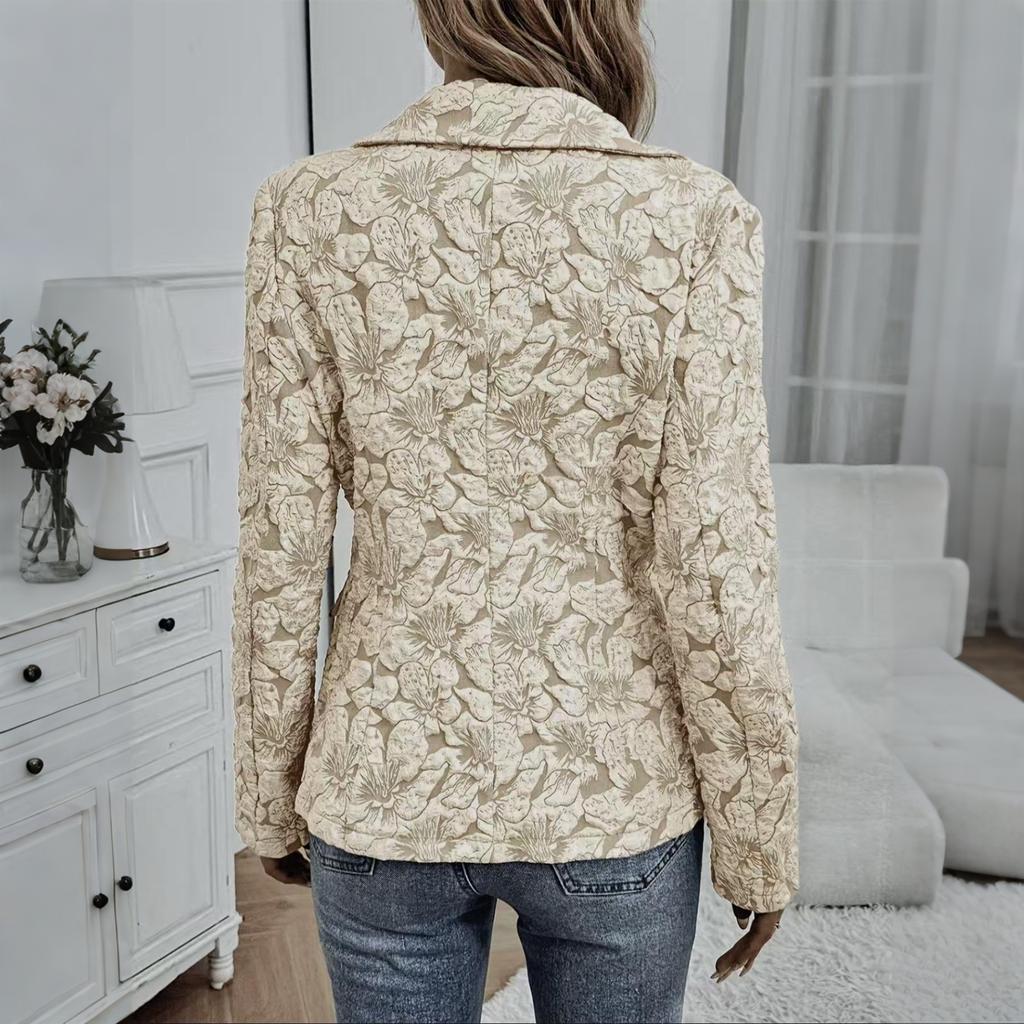 Women's Fashion Lapel Button Long Sleeve Casual Vintage Jacquard Slim Fit Blazer Jacket for Office Work Daily Wear