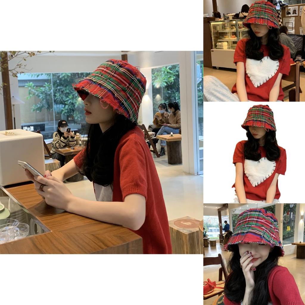 Chic Red Plaid Bucket Hat For Women Vintage Style Sun Protection Breathable Cotton