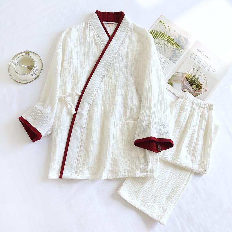 Spring and Autumn Thin Men's Kimono Robes with Long Trousres Cotton Color Matching Pajamas Plus Size Home Pyjamas Set