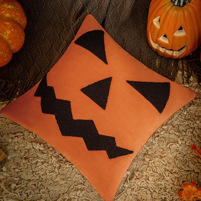 Sturdy Polyester Halloweens Throw Pillowcase With Closure Seasonal Embroidery Sofa Bedroom
