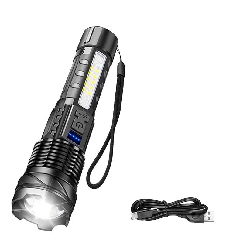 Powerful XHP70 LED Flashlight Waterproof 18650 Torch With Side Light 7 Modes Camping Fishing Lantern USB Rechargeable Zoom Lamp