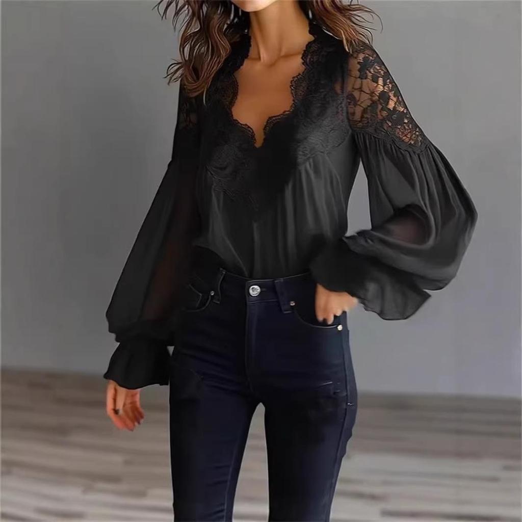 European & American Women's Lace Puff Sleeve Pleated Shirt