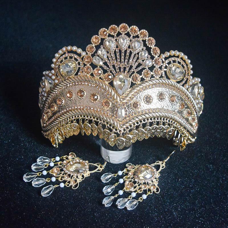 Ethnic Style Dance Luxury Pearl Gold Crown Hollow Design Bridal Wedding Decoration Alloy Crown Earrings
