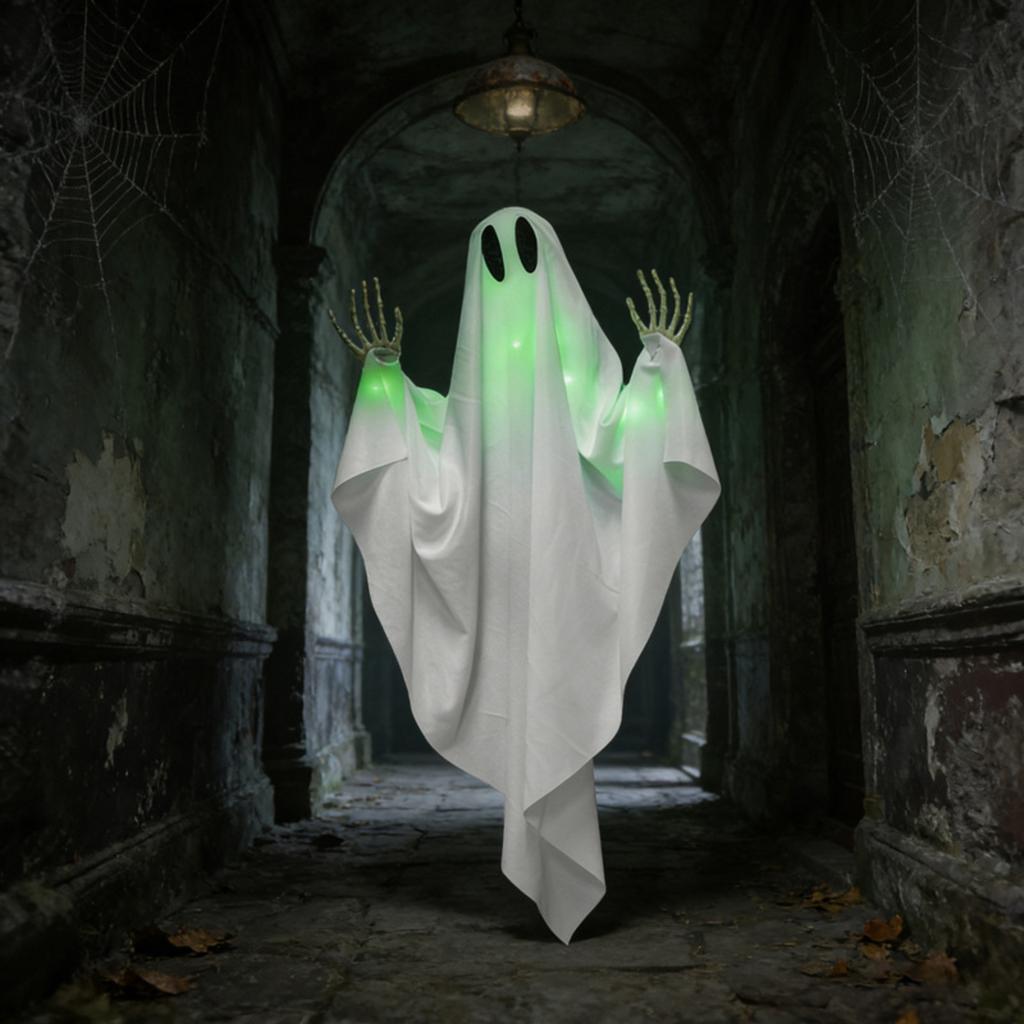 Halloween Glowing Hanging Decoration with Green Light and Multiple Expressions, Outdoor Yard Decor for Garden Amusement