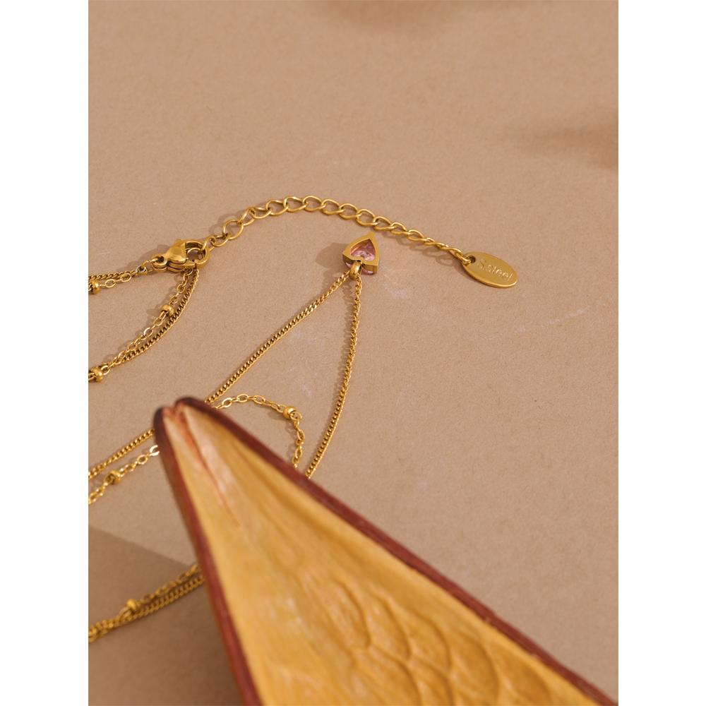 Yhpup Chic Stainless Steel Double-Layer Stacking Chain Pink Zircon Heart Pendant Necklace Delicate Style High-Grade Jewelry