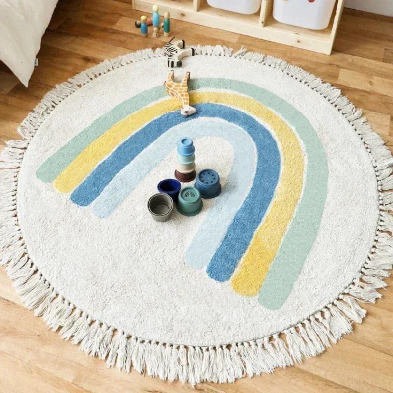 Children's Carpet Round Rainbow Pattern Tassel Bedroom Bedside Mat Home Decoration Rug Cute Girl Style Machine Washable Soft