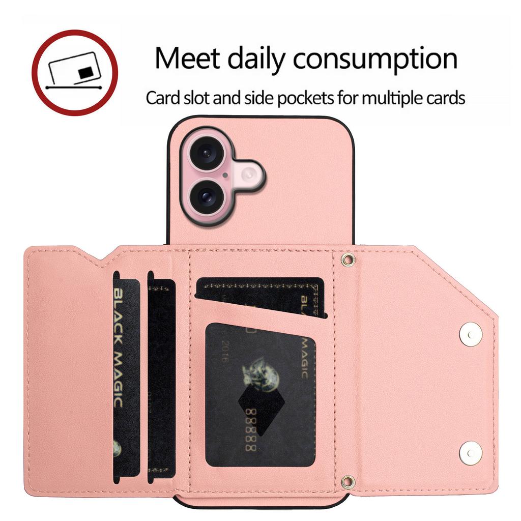 For iPhone 16 Case Card Holder Kickstand Skin-Touch Phone Cover with Wrist Strap