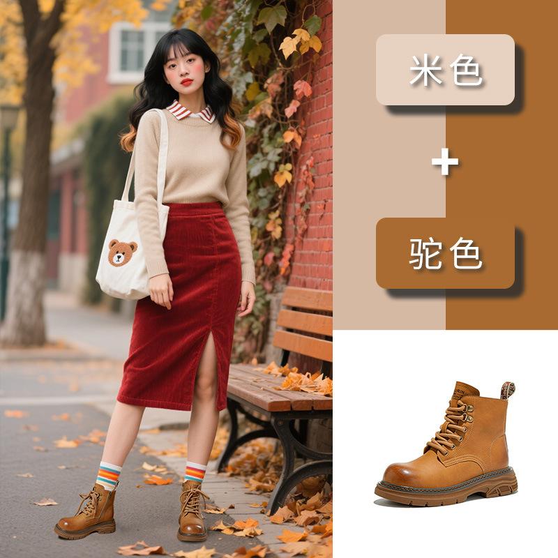 Leather rhubarb boots women's 2025 autumn and winter new retro polished Martin boots casual boots British style tooling short boots