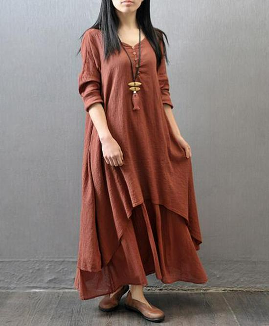 2024 Spring/Autumn Faux Two-Piece Long Sleeve Cotton Linen Dress with Large Hem