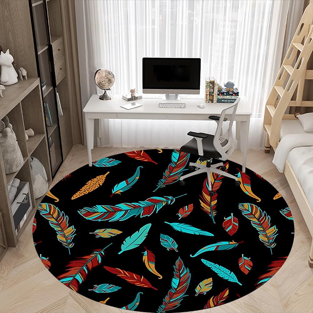 1pc Feather Pattern Office Round Area Rug, Indoor Mat Suitable ForOffice, Under Office Chairs Bedroom Living Room Home Decor, Room Deco 036