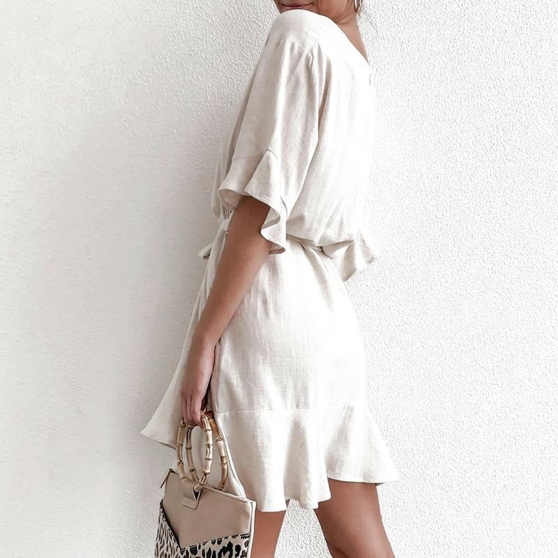 Buy Casual Solid Cotton Linen Dresses Women Summer Short Sleeve V Neck ...