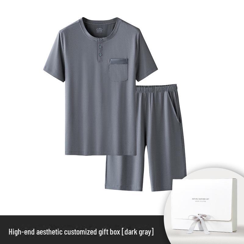 

Чоловіча модальна бавовняна піжама з короткими рукавами: Однотонний повсякденний одяг для підлітків і хлопчиків - колекція весна, літо, осінь XL (121~140 catties) темно-сірий