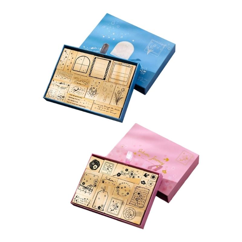 Wooden Rubber Stamps Set,Dream and Cherries Blossom Stamps Set Stamper Seal Set for Journal,DIY Craft,Scrapbook,Planner
