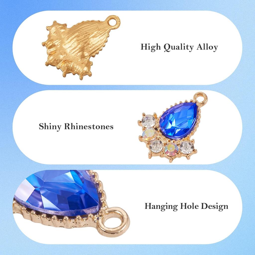 Cheriswelry 24Pcs Faceted Glass Teardrop Alloy Pendants Rhinestone Crystal Water Drop Dangle Charms 12 Colors 20x16x5mm for Necklace Bracelet Earring