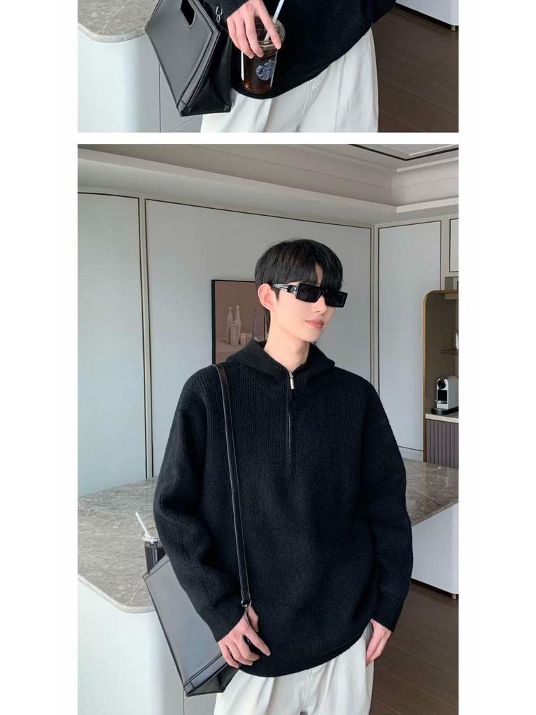 Men's Retro Half-Zip Loose Knitted Hoodie (Autumn/Winter Collection)