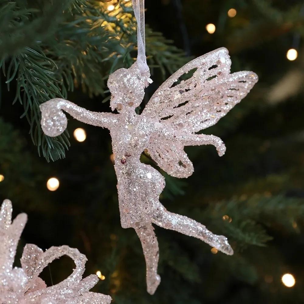 Glitter Plastic Pink Christmas Ornament Angel Snowflake Bell Decoration Dragonfly Bow Christmas Tree Decoration Holiday Festive
