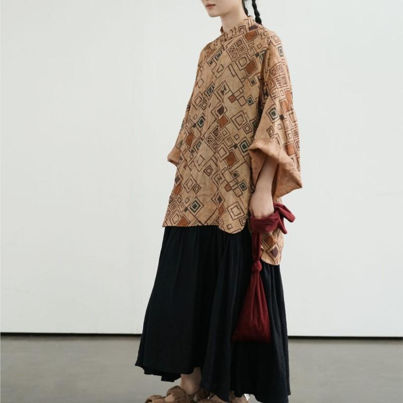 Johnature Women Vintage Plaid Chinese Style Skirts Spring Loose Bat Sleeve Female Skirts