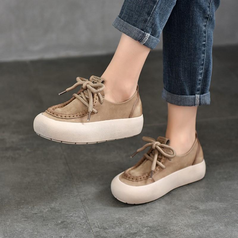 Johnature Genuine Leather Thick Soled Women's Shoes Casual Versatile Solid Color Flat Platform Shoes