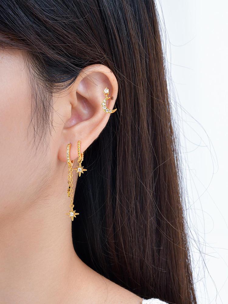 Vnox 3pcs/set Dainty Cubic Zirconia Earrings,18K Gold Plated Star Moon Pendant Hoop Stud Earring,Luxury Jewelry Set Party Gifts