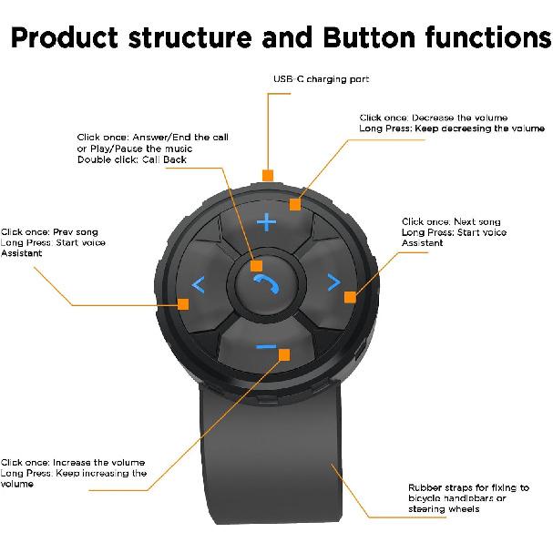 Bluetooth Media Button Remote Control IPX6 Waterproof Strap Type Wireless Controller for Car Bike Motorbike Steering Wheel Siri Call & Camera