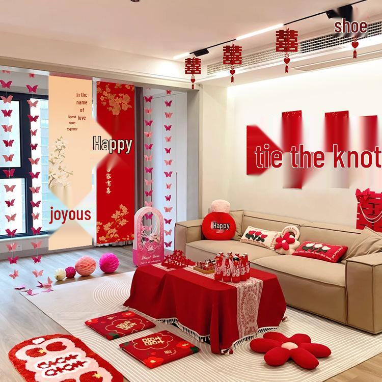 Wedding Decoration Set: Sofa Background, Bedroom Bedside, and Double Happiness Board for Groom's New House
