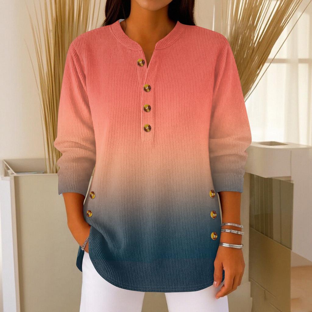 Women's Fashionable Button Collar Long-sleeved Christmas Print Pullover Top
