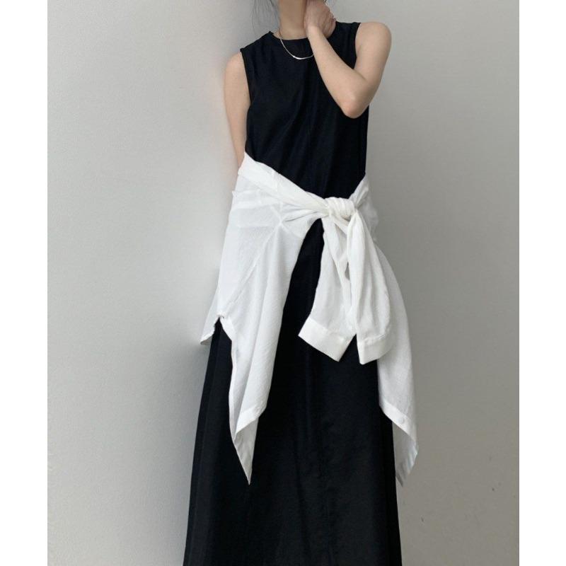 Women Summer Vintage Cotton and Linen Long Tank Dress Sleeveless Loose Waist Large Hem Round Collar Midi Sundress