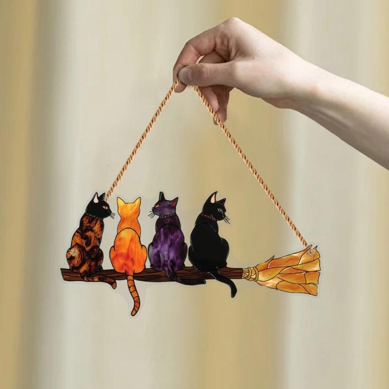 Elegant Colorful Cats with Broom Design Window Hanging Ornament Compacts Size Acrylic Suncatchers Home Garden Decors