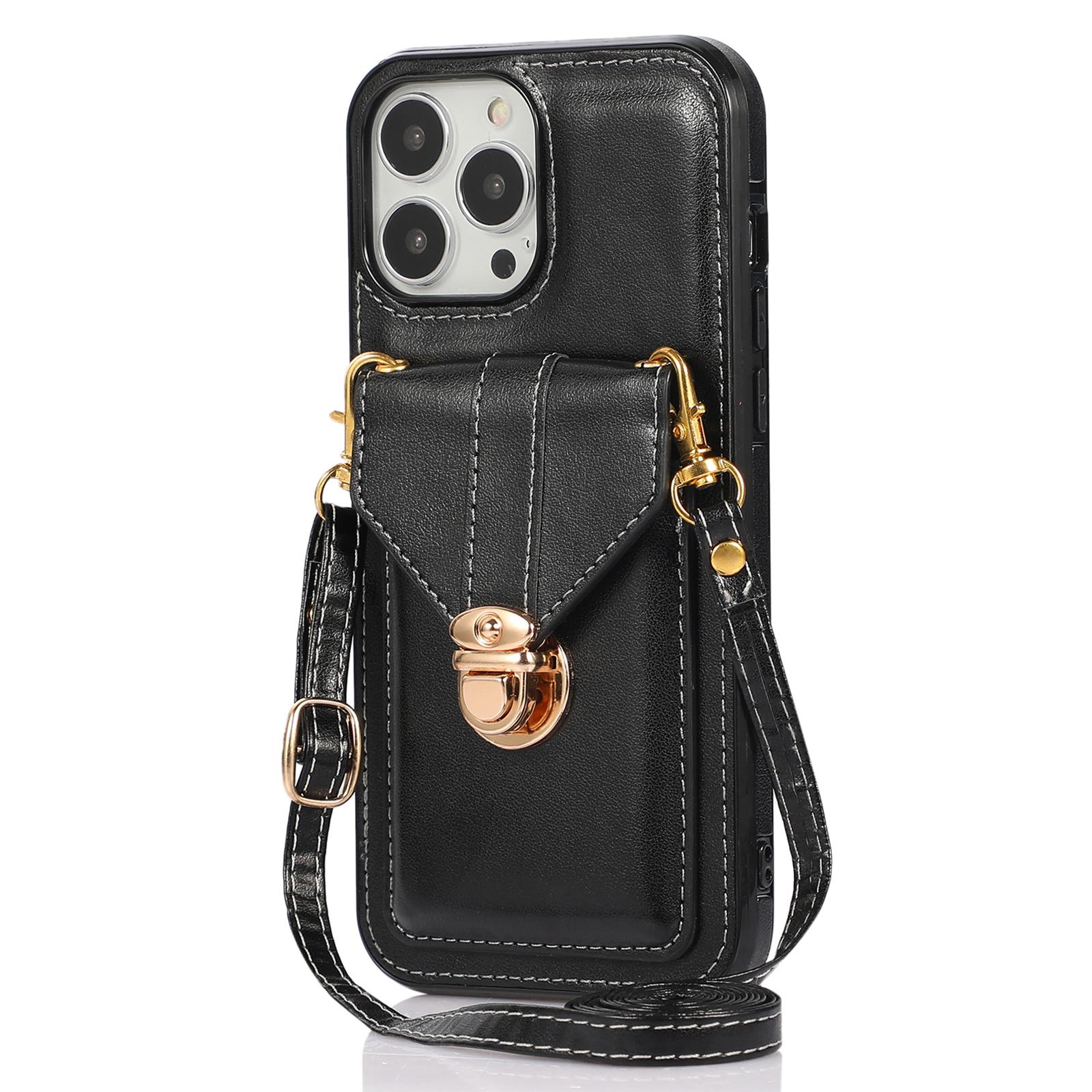 

For iPhone 15 Pro Card Holder Kickstand Phone Shell PU Leather Coated TPU Phone Cover Case Black