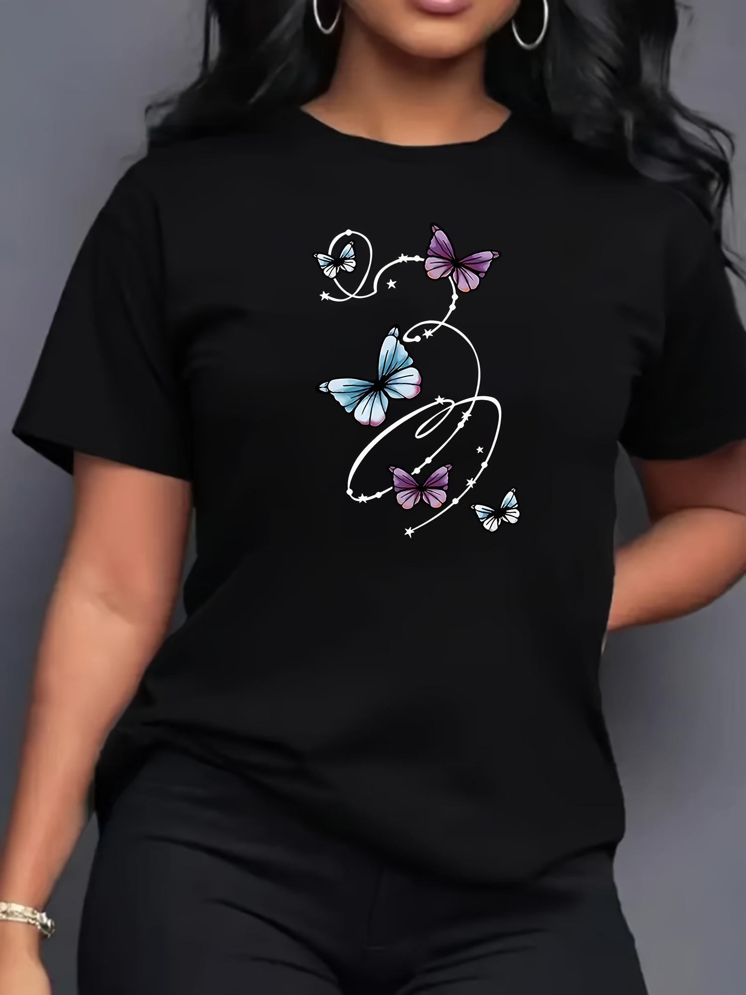 Butterfly Patterned Printed T-Shirt, Comfortable Women S Short-Sleeve T-Shirt, Sports English Printed Women S T-Shirt Design, Women S Top T-Shirt S разноцветный