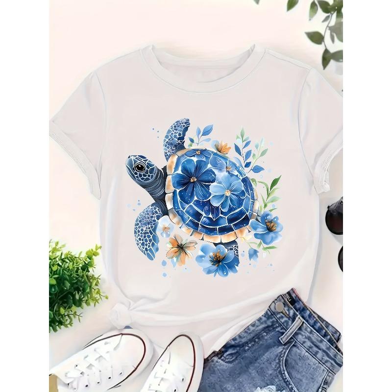 

European Size [Floral Print Summer Tee] Stylish Blue Sea Turtle T-Shirt | Floral Pattern, Women s Short-Sleeved Round Neck | Ocean Animal 4XL