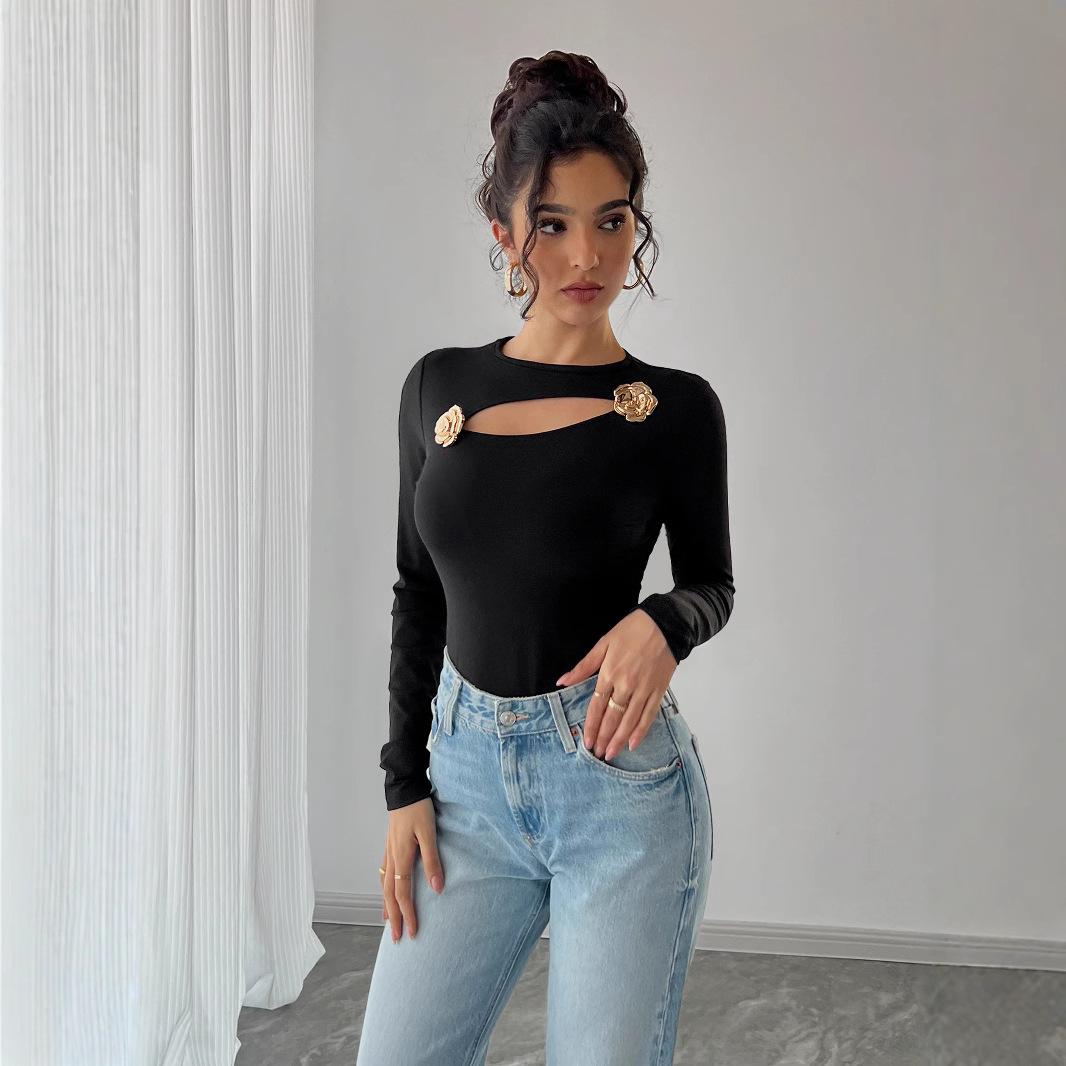 

Spring Women s Hollowed Out Rose Metal Decoration Black Skinny Long Sleeve T-Shirt Tops Versatile Closet Essential Fashion Items Shirt S чорний